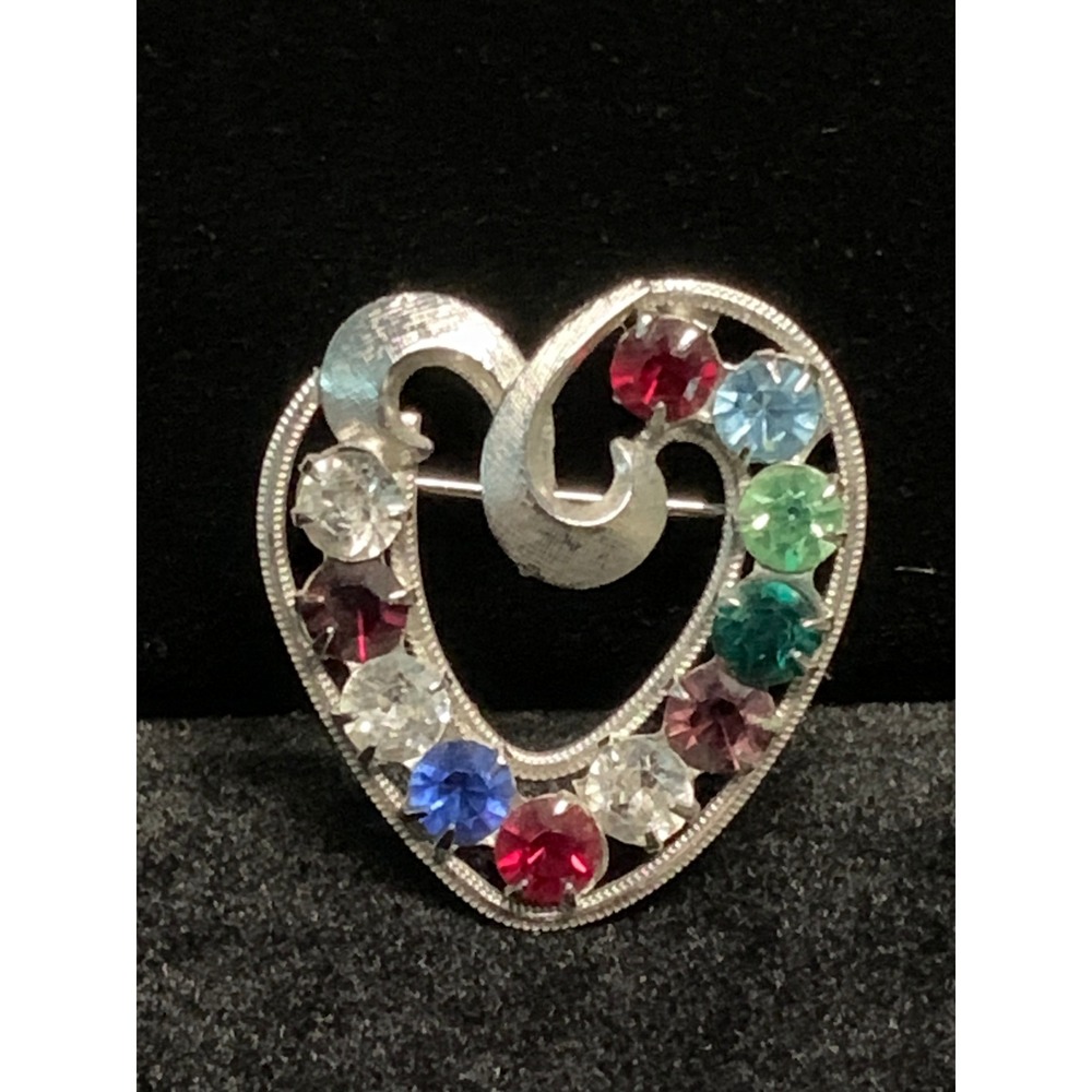 Vintage DCE Sterling Brooch Multi Color Rhinestone Heart Pin